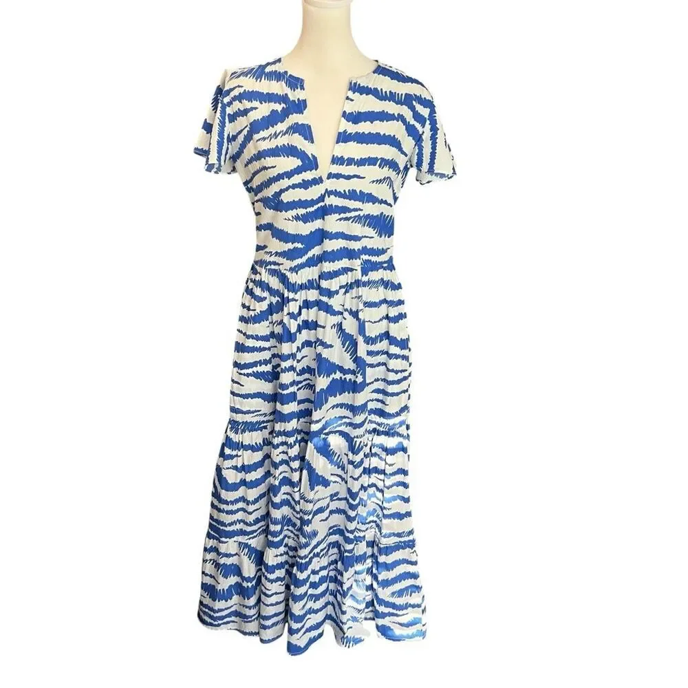 Oliphant Dipsy Midi Dress Blue White Block Print Cotton Resort XS